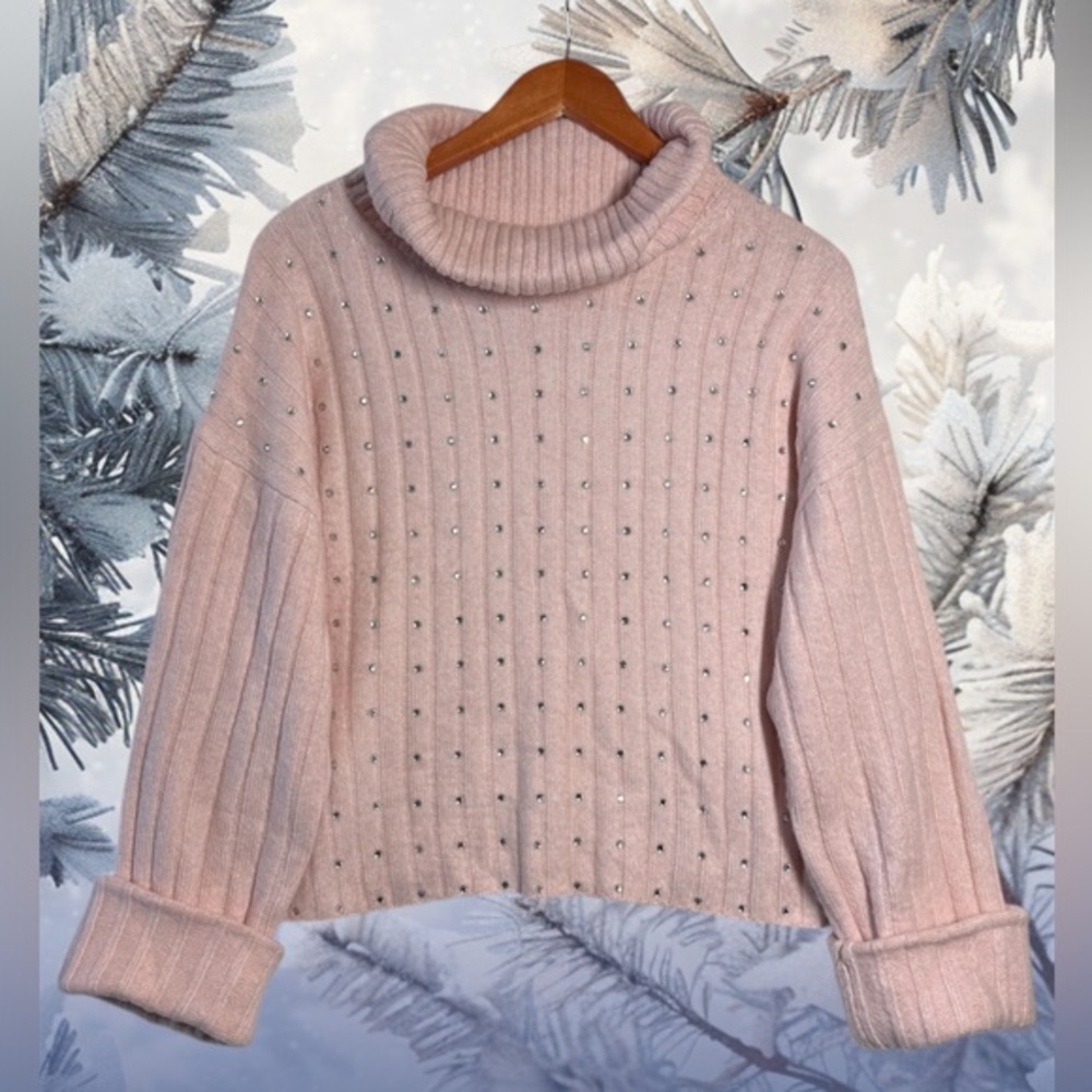 Adyson Parker Cropped Sweater M Blush Pink Studded Turtleneck Oversized